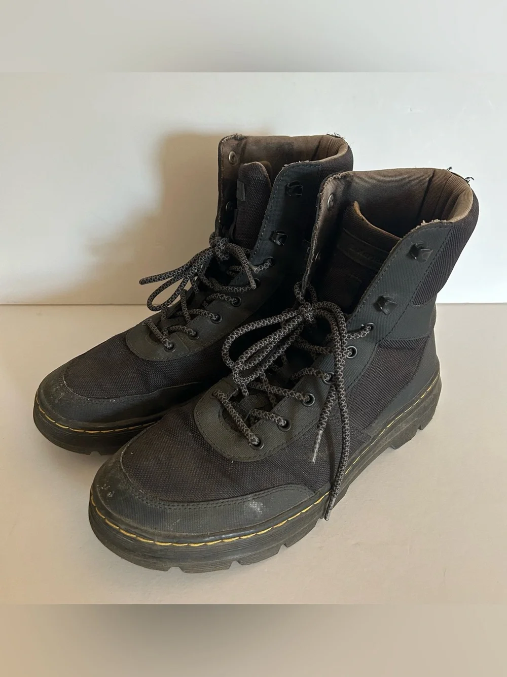 Dr. Martens Black Lace-Up Combat Boots with Yellow Stitching